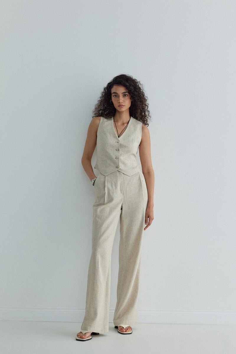 Natural Gabriel Buttoned Linen Vest