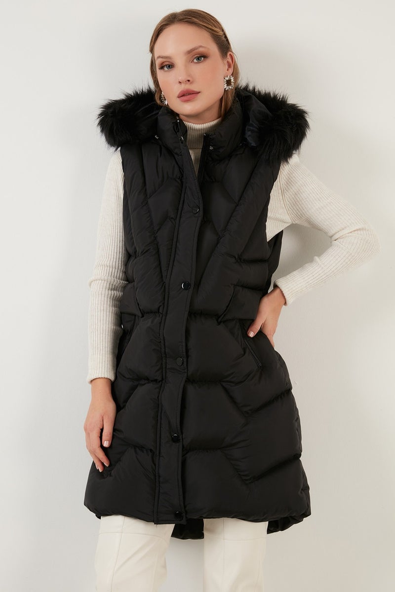 Collar Faux Fur Removable Hooded Regular Fit Puffer Vest Women's Vest 64789823