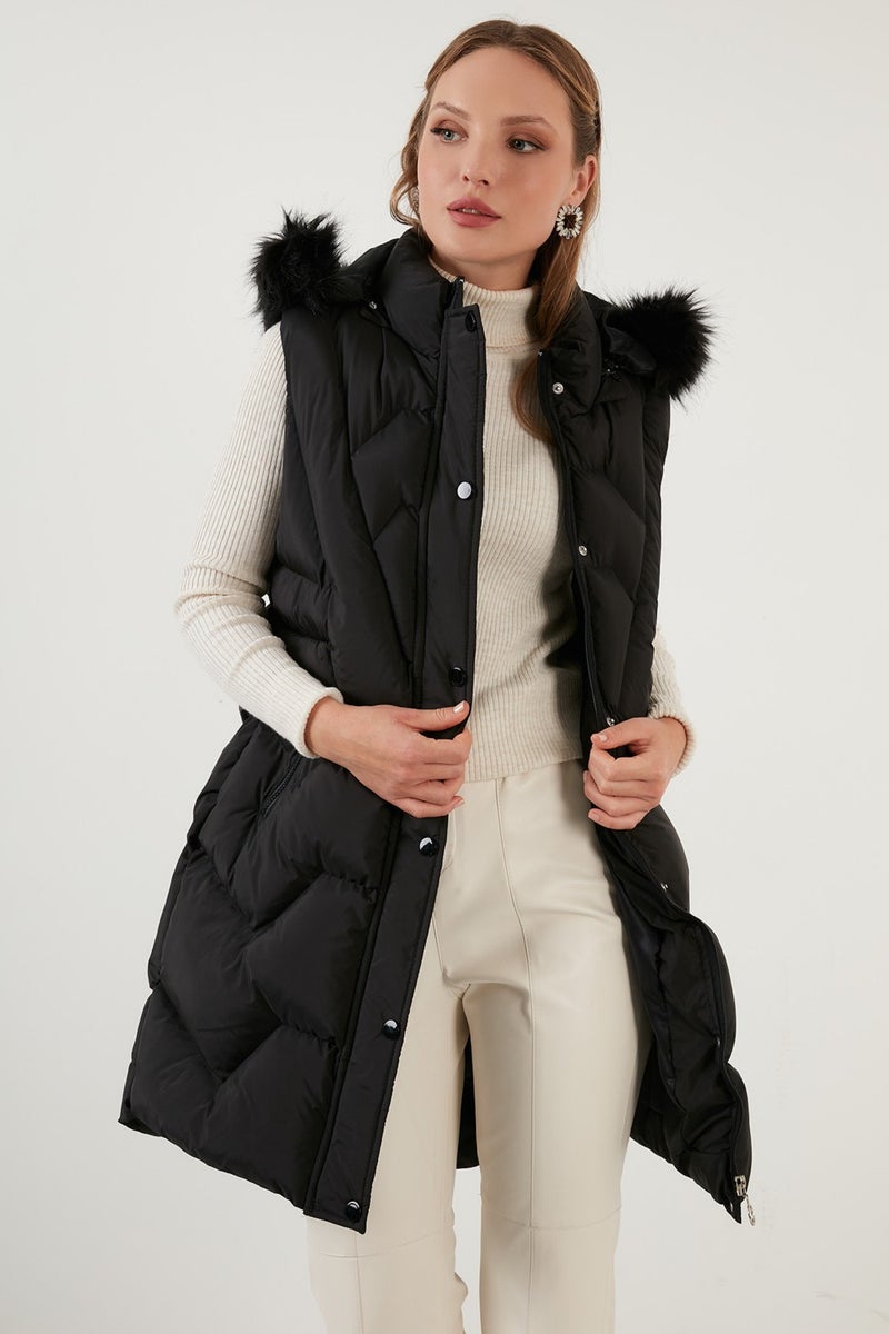 Collar Faux Fur Removable Hooded Regular Fit Puffer Vest Women's Vest 64789823