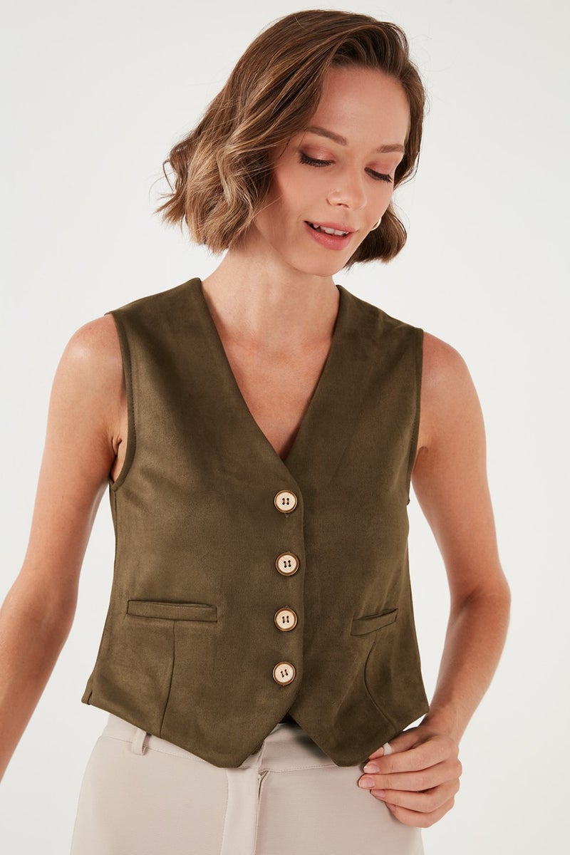 Fitted Scuba Suede V Neck Buttoned Vest Women's Vest 5865576