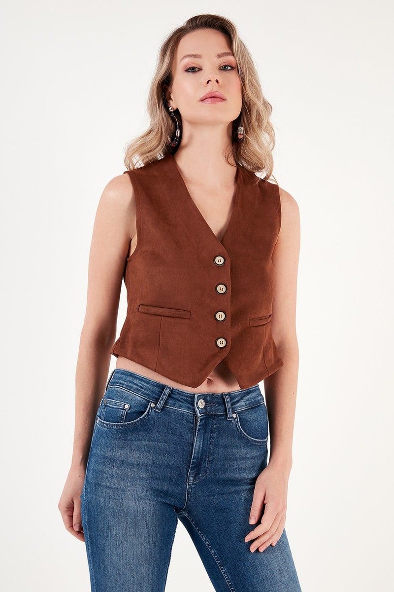 Fitted V-Neck Buttoned Crop Scuba Suede Vest Women's Vest 5865576