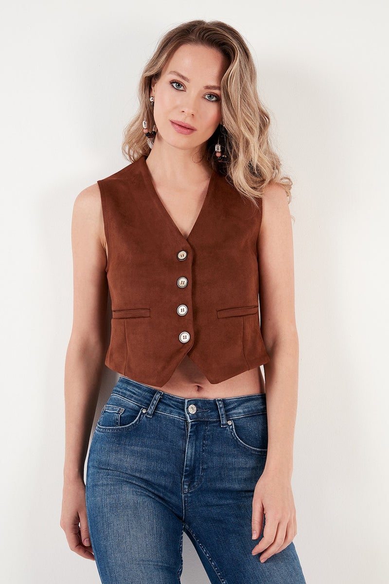 Fitted V-Neck Buttoned Crop Scuba Suede Vest Women's Vest 5865576