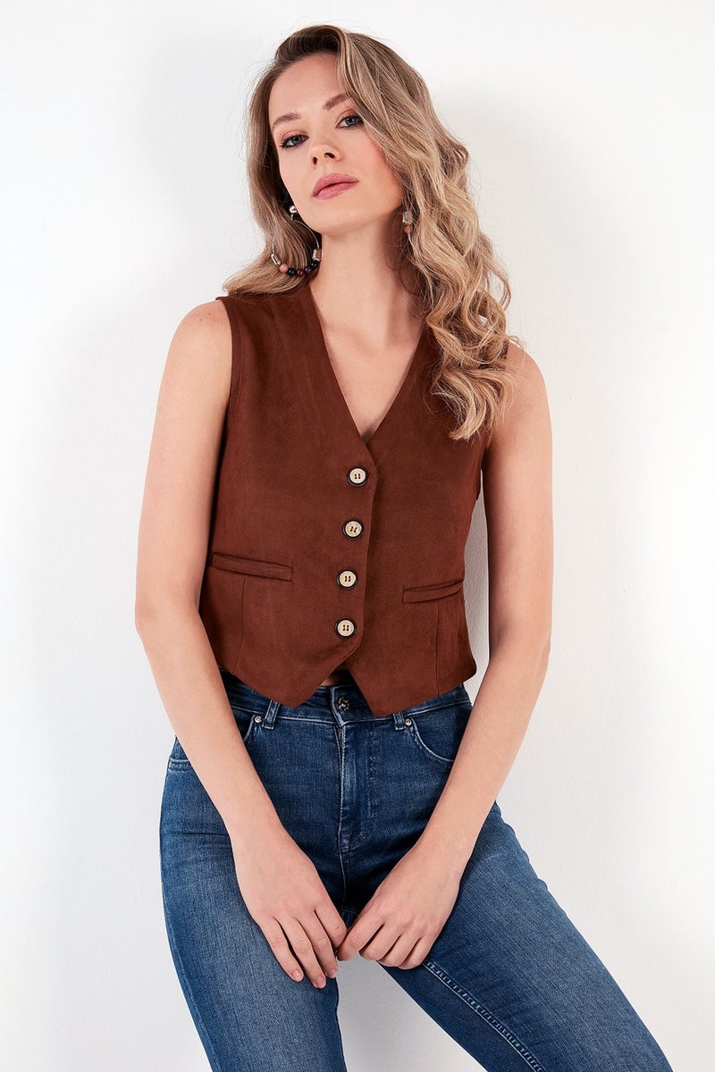 Fitted V-Neck Buttoned Crop Scuba Suede Vest Women's Vest 5865576