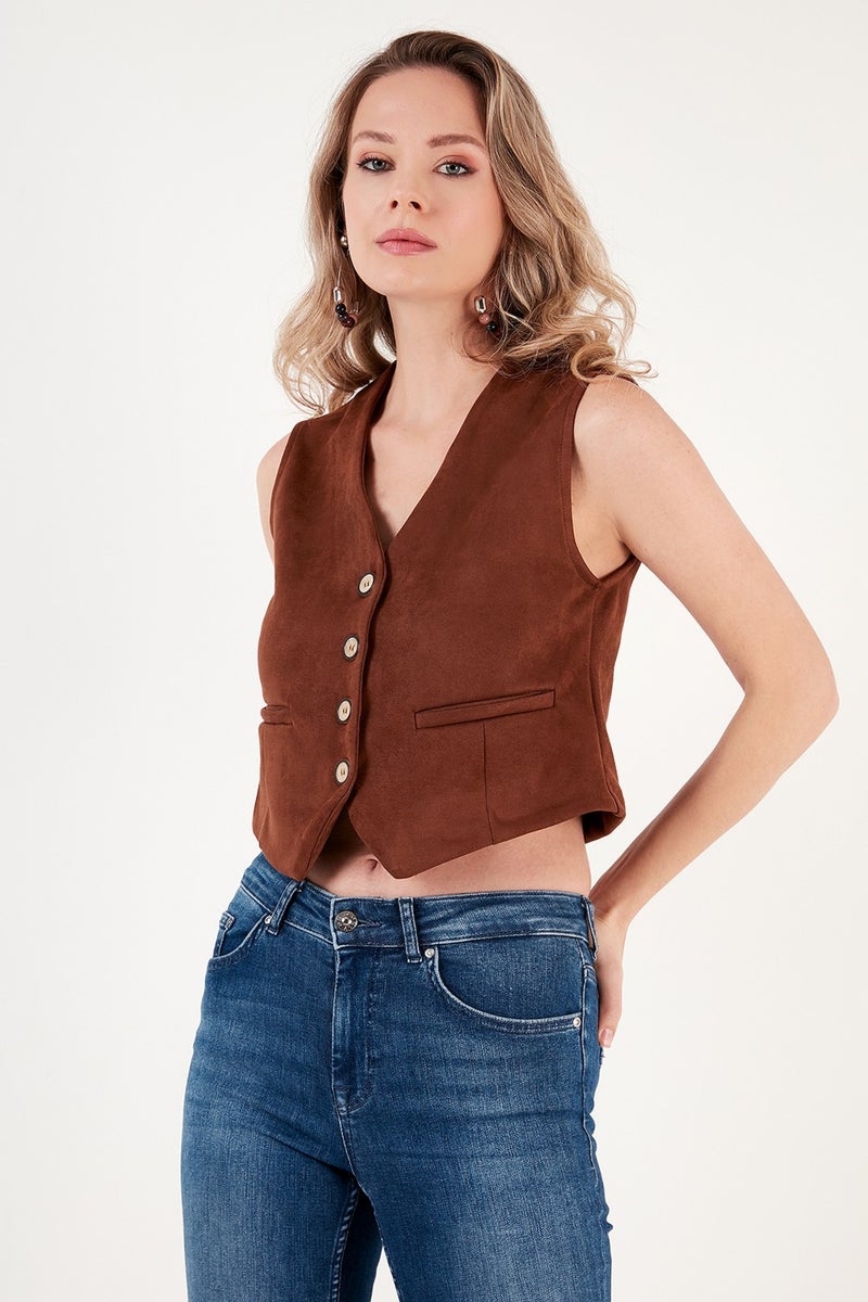 Fitted V-Neck Buttoned Crop Scuba Suede Vest Women's Vest 5865576