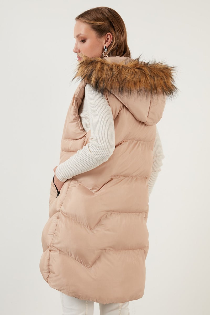 Collar Faux Fur Removable Hooded Regular Fit Puffer Vest Women's Vest 64789823