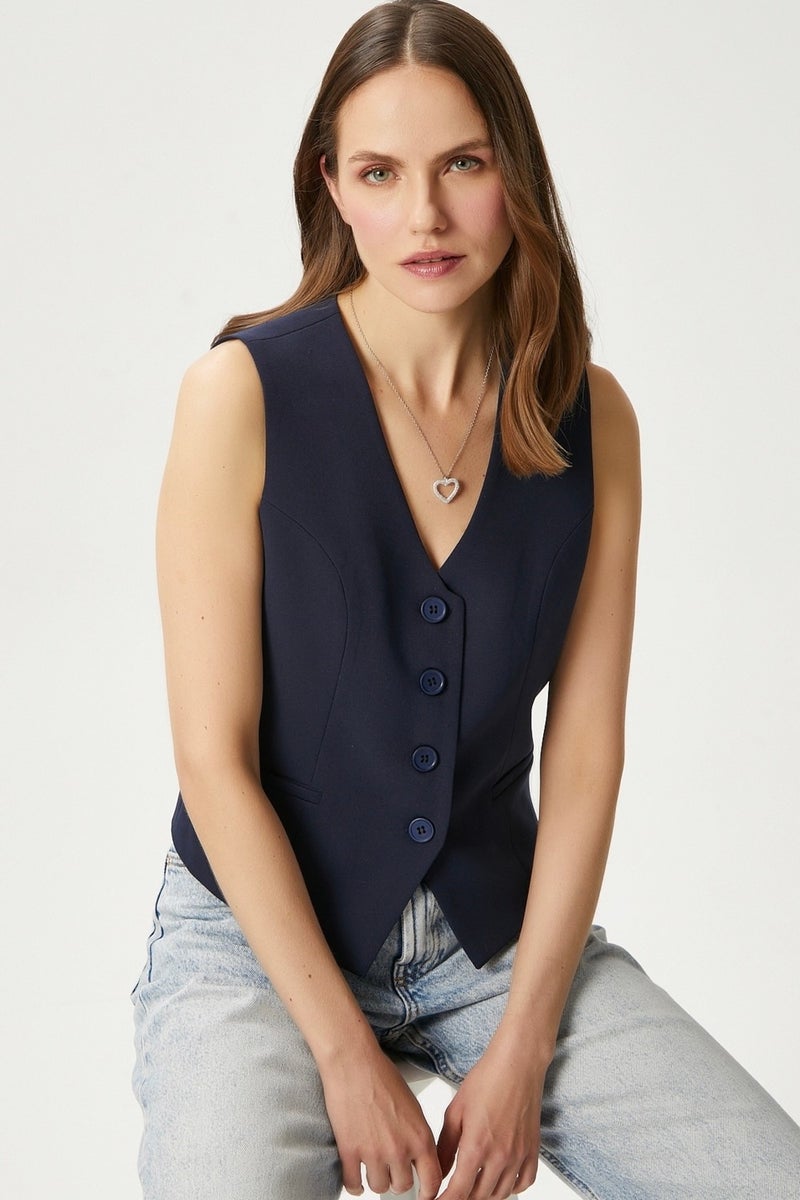 Women's Style Navy Blue Lined Woven Vest