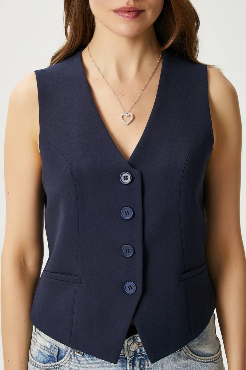 Women's Style Navy Blue Lined Woven Vest