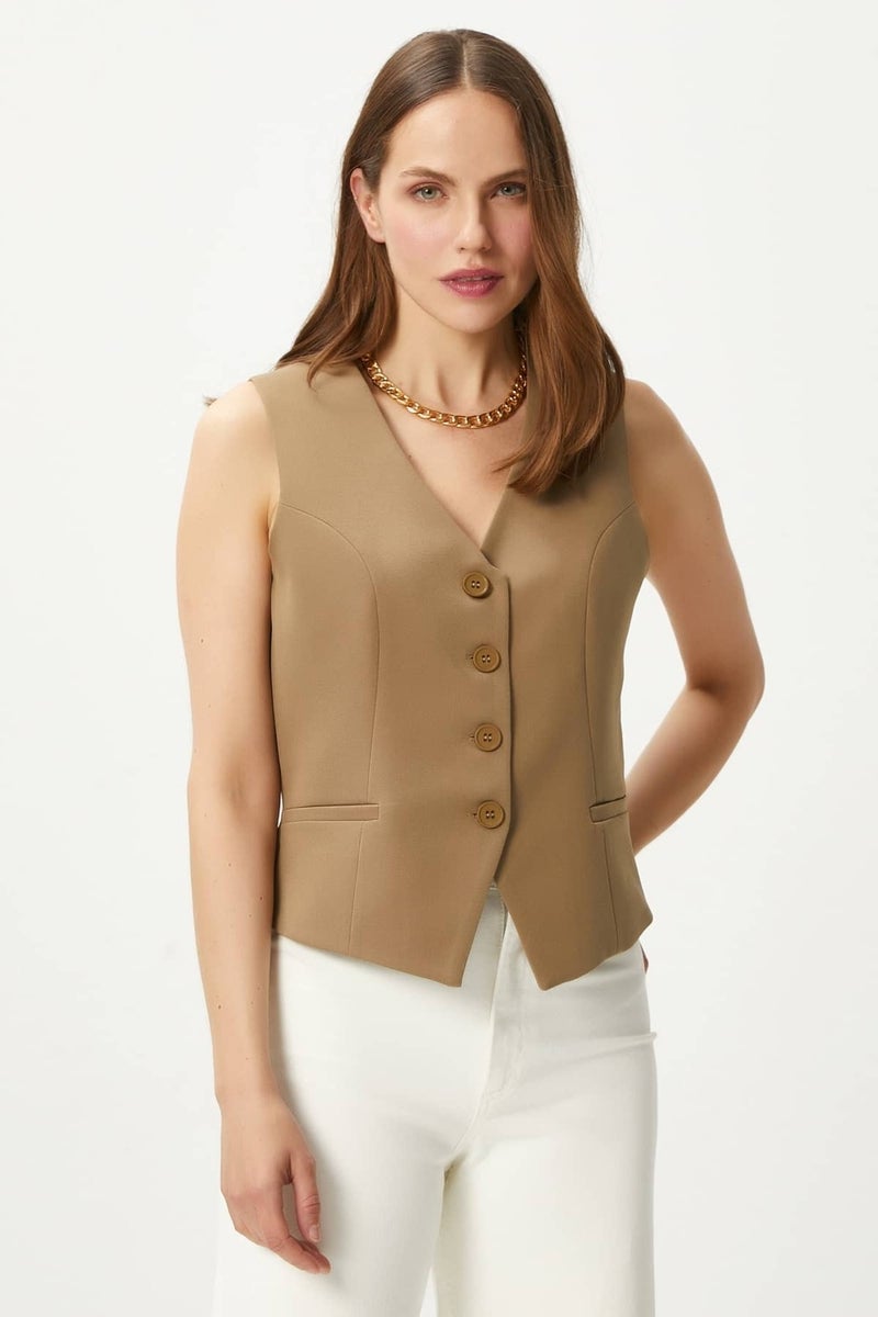 Women's Style Light Khaki Lined Woven Vest