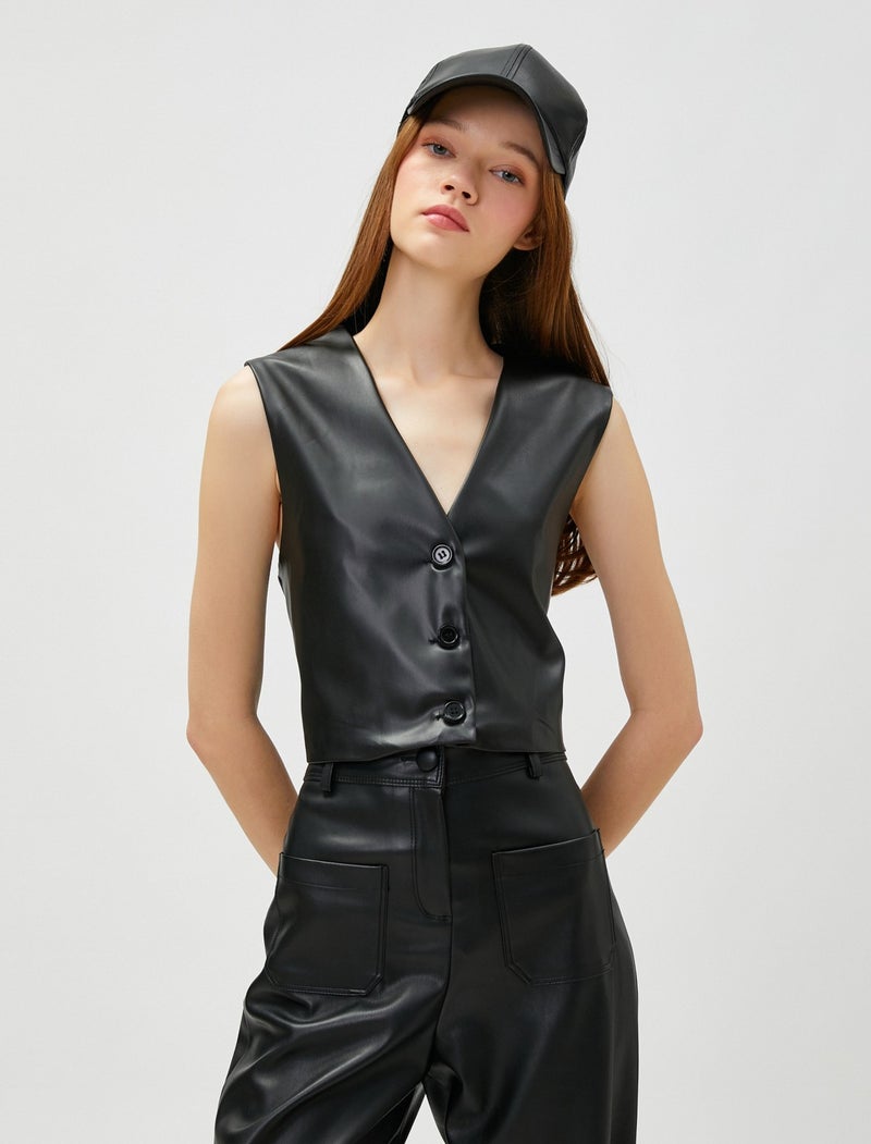 Leather Look Vest V-Neck Buttoned