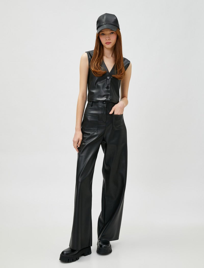 Leather Look Vest V-Neck Buttoned