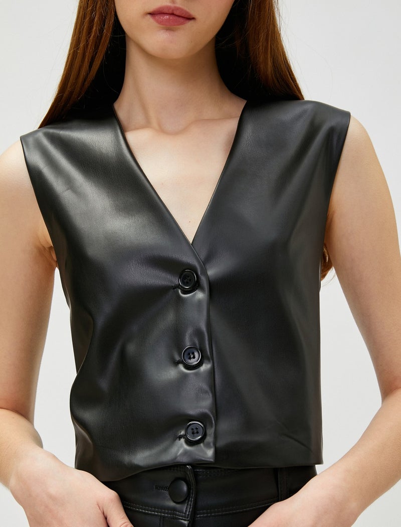 Leather Look Vest V-Neck Buttoned