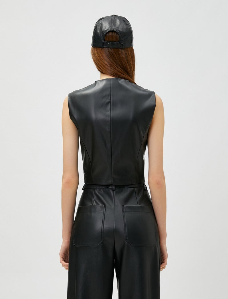 Leather Look Vest V-Neck Buttoned