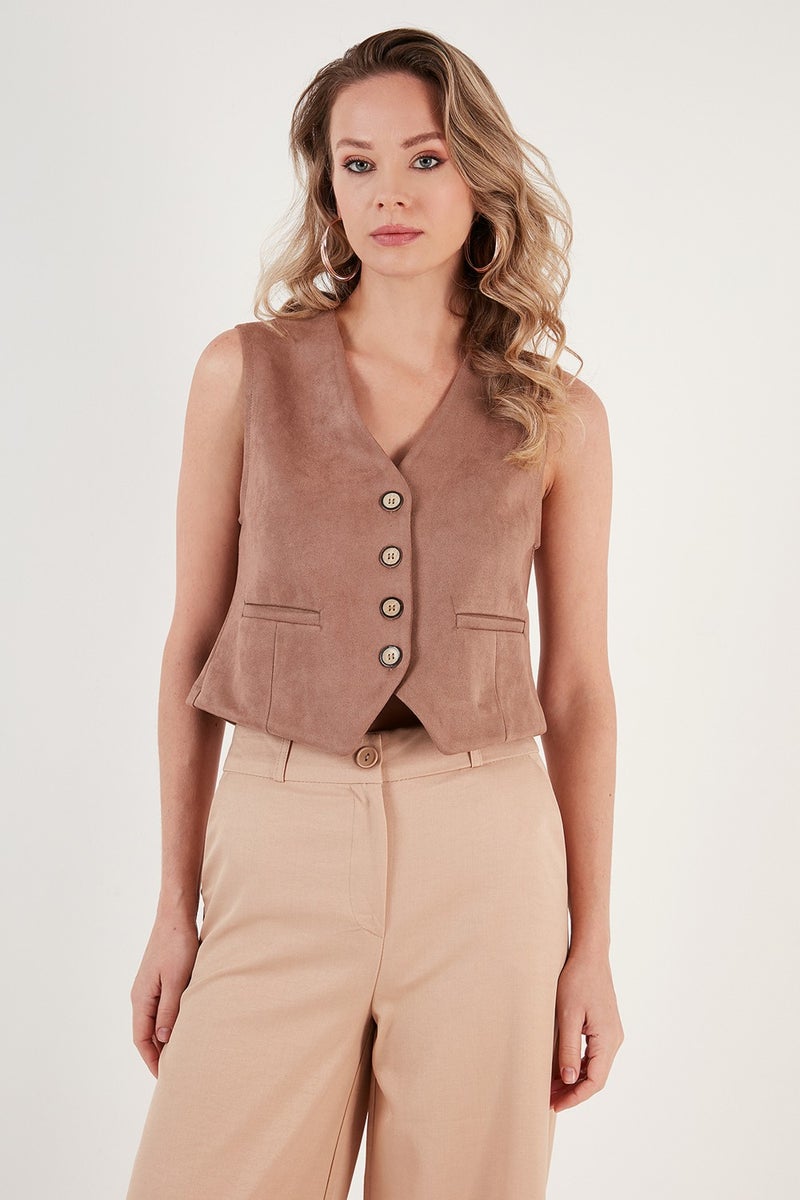 Fitted V-Neck Buttoned Crop Scuba Suede Vest Women's Vest 5865576