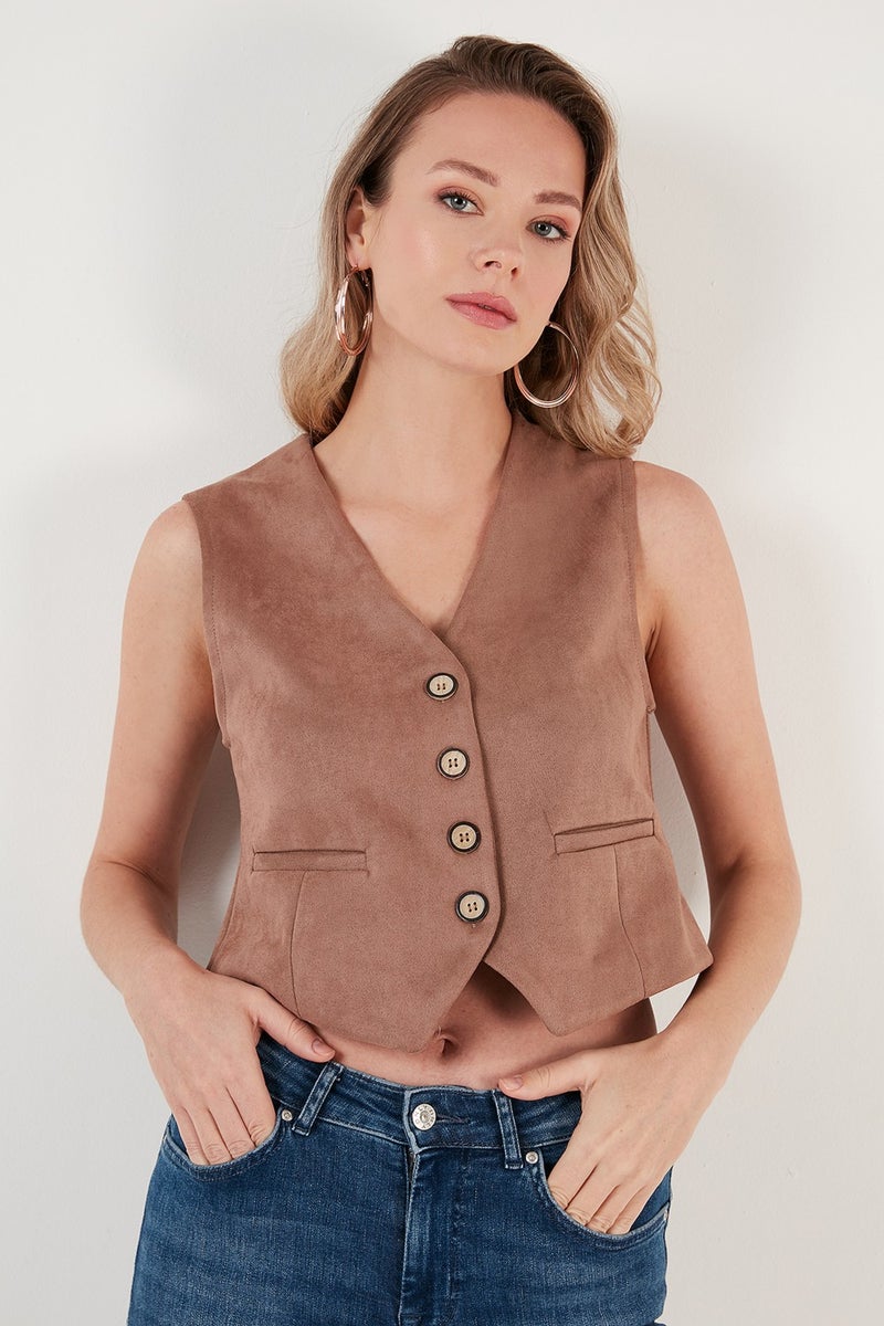 Fitted V-Neck Buttoned Crop Scuba Suede Vest Women's Vest 5865576