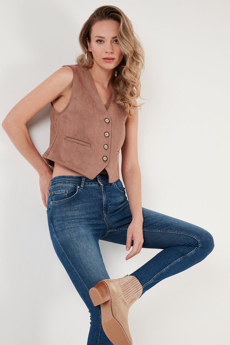 Fitted V-Neck Buttoned Crop Scuba Suede Vest Women's Vest 5865576