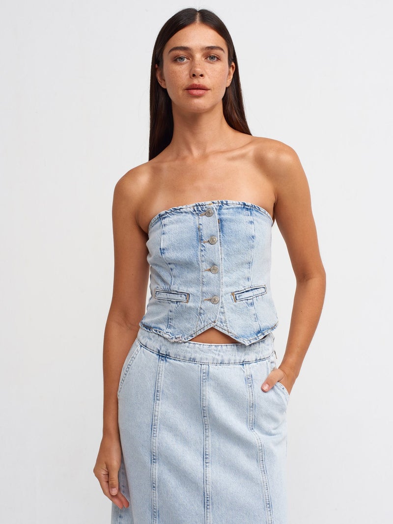 50703 Short Denim Vest with Float Front-Blue