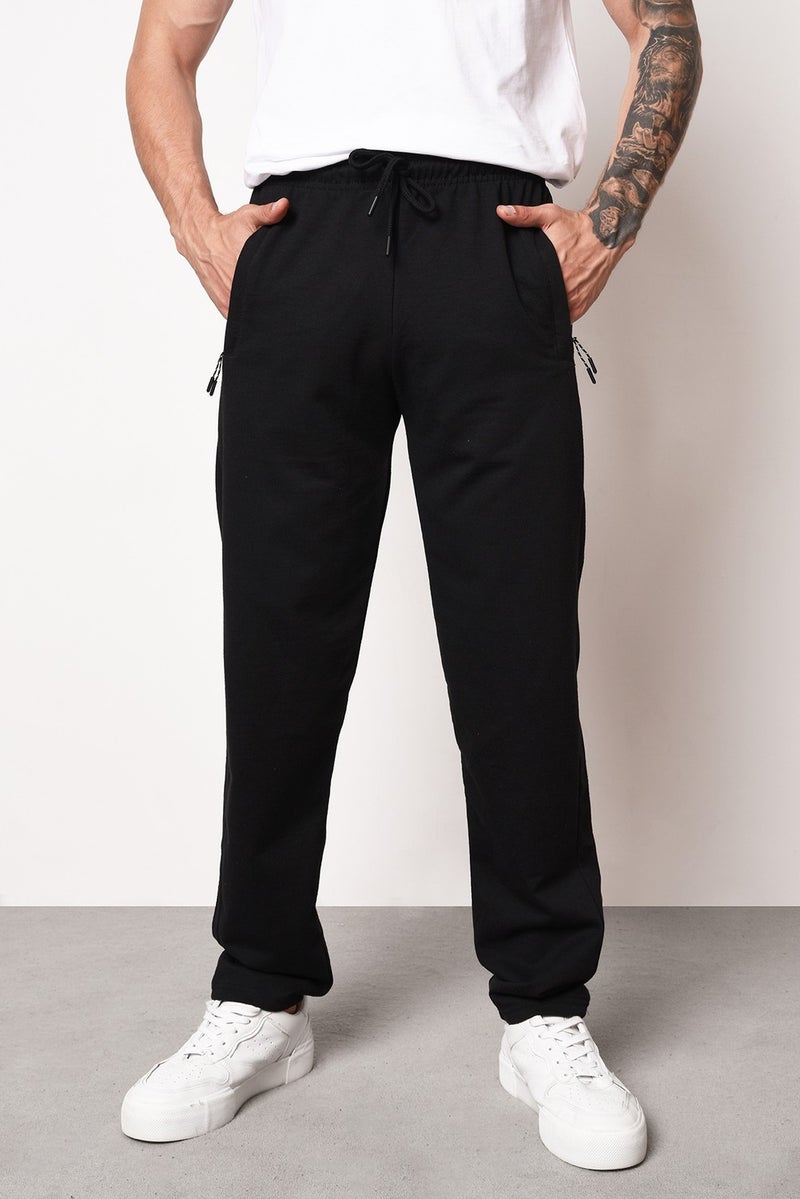 Black Men's Straight Leg Pocket Zipper Detailed Comfortable Cut Sweatpants