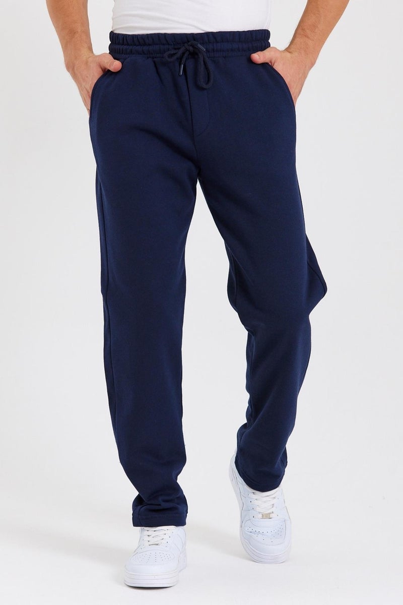 Navy Blue Back Pocket Label Detailed Straight Leg Men's Cotton Sweatpants