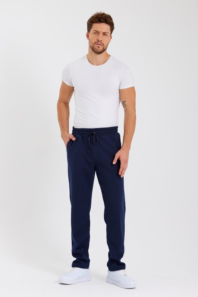 Navy Blue Back Pocket Label Detailed Straight Leg Men's Cotton Sweatpants