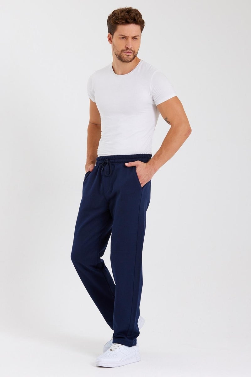 Navy Blue Back Pocket Label Detailed Straight Leg Men's Cotton Sweatpants