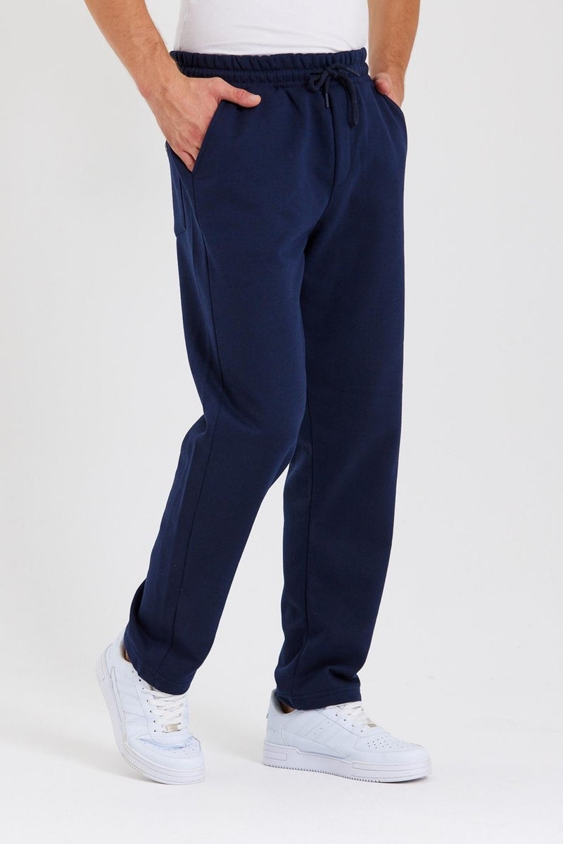 Navy Blue Back Pocket Label Detailed Straight Leg Men's Cotton Sweatpants