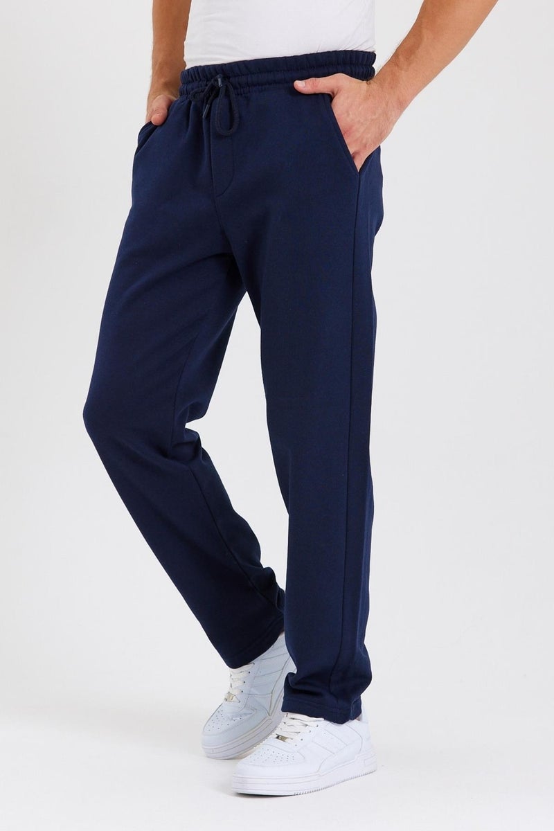 Navy Blue Back Pocket Label Detailed Straight Leg Men's Cotton Sweatpants