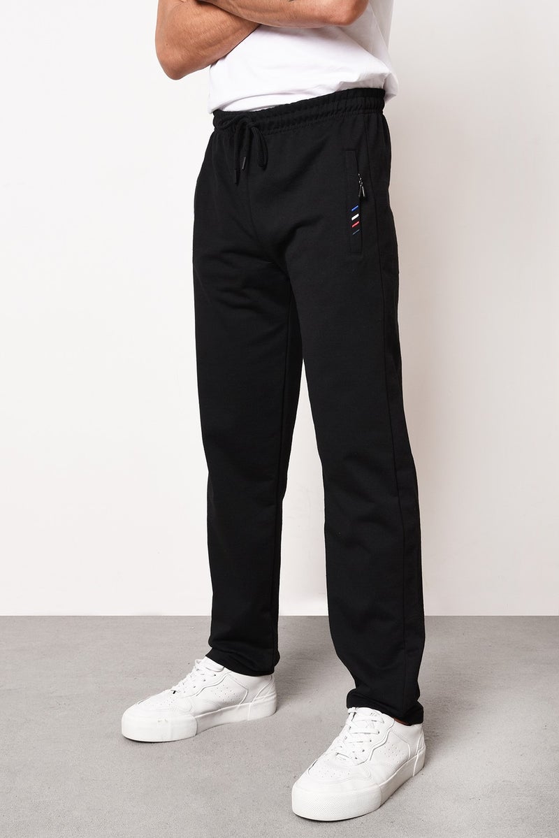 Black Men's Zipper Pocket Embroidery Detailed Straight Leg Casual Cut Sweatpants