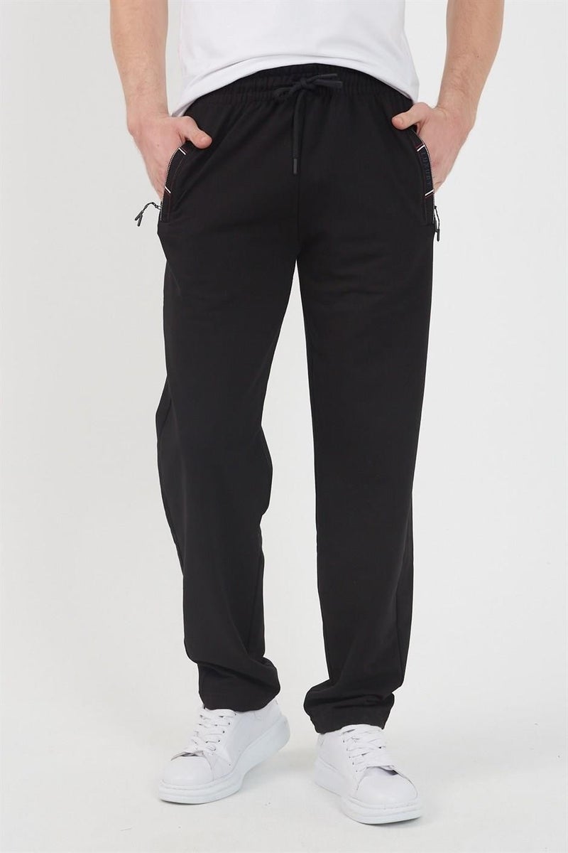 Black Men's Zipper Pocket Embroidery Detailed Straight Leg Casual Cut Sweatpants