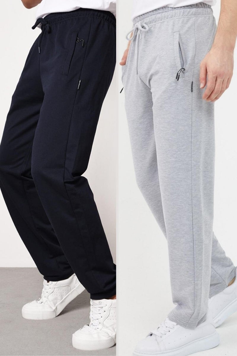 Metalic Grey-Navy Blue Men's Straight Leg Pocket Zipper Detailed Relaxed Cut 2-Pack Sweatpants