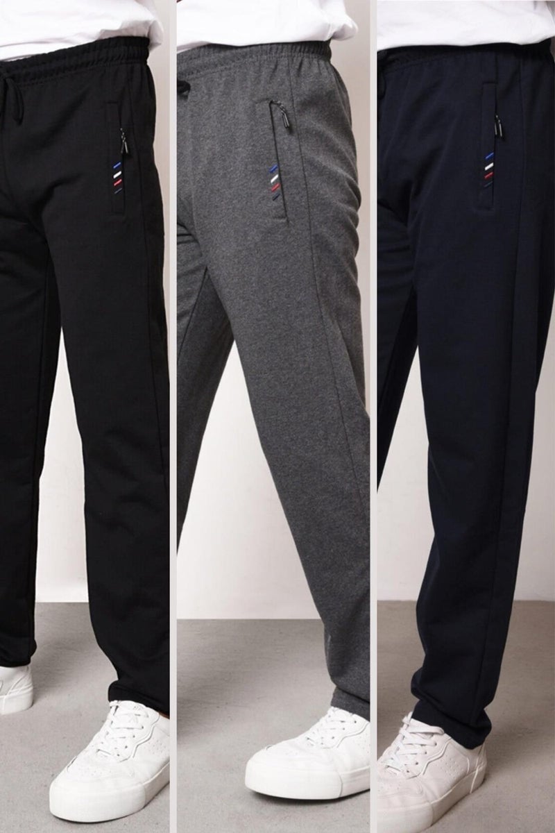 Metalic Black-Anthracite-Navy Blue Men's Zipper Pocket Embroidery Detailed Straight Leg Relaxed Cut 3-Pack Sweatpants