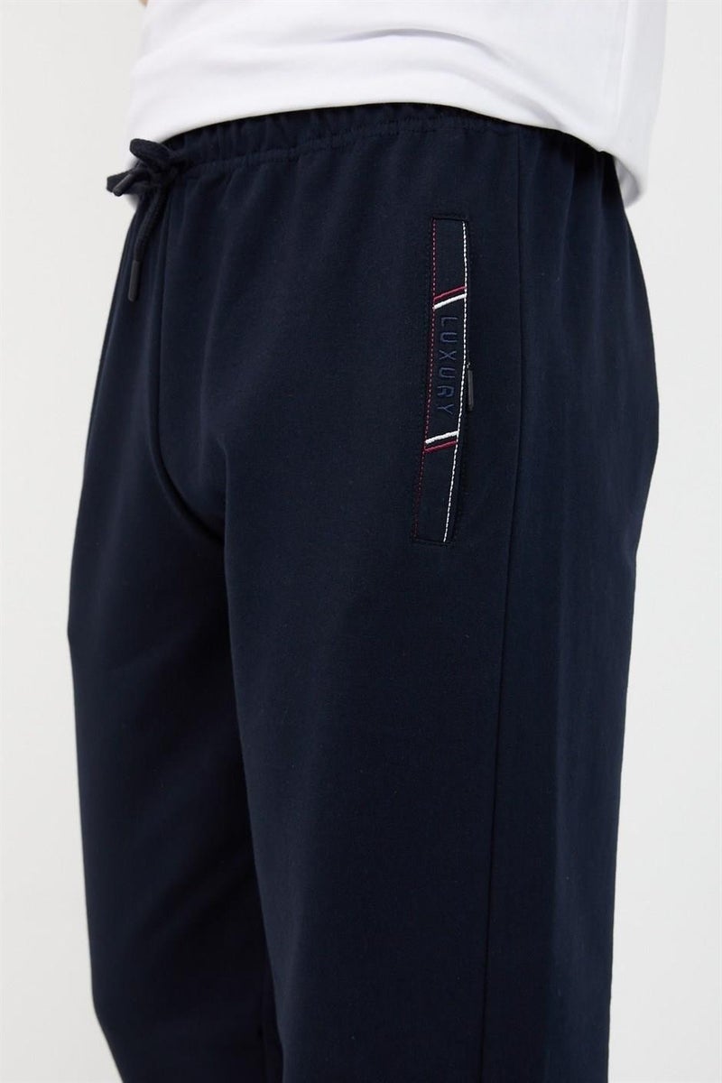 Black-Navy Blue Men's 2-Piece Zipper Pocket Embroidery Detailed Straight Leg Casual Cut Sweatpants