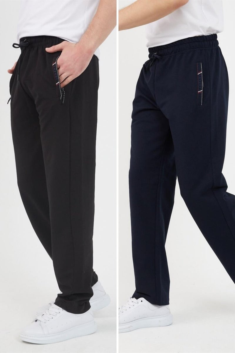 Black-Navy Blue Men's 2-Piece Zipper Pocket Embroidery Detailed Straight Leg Casual Cut Sweatpants