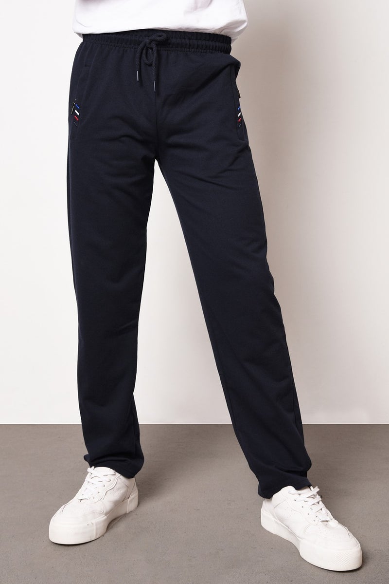 Navy Blue Men's Zipper Pocket Embroidery Detailed Straight Leg Casual Cut Sweatpants