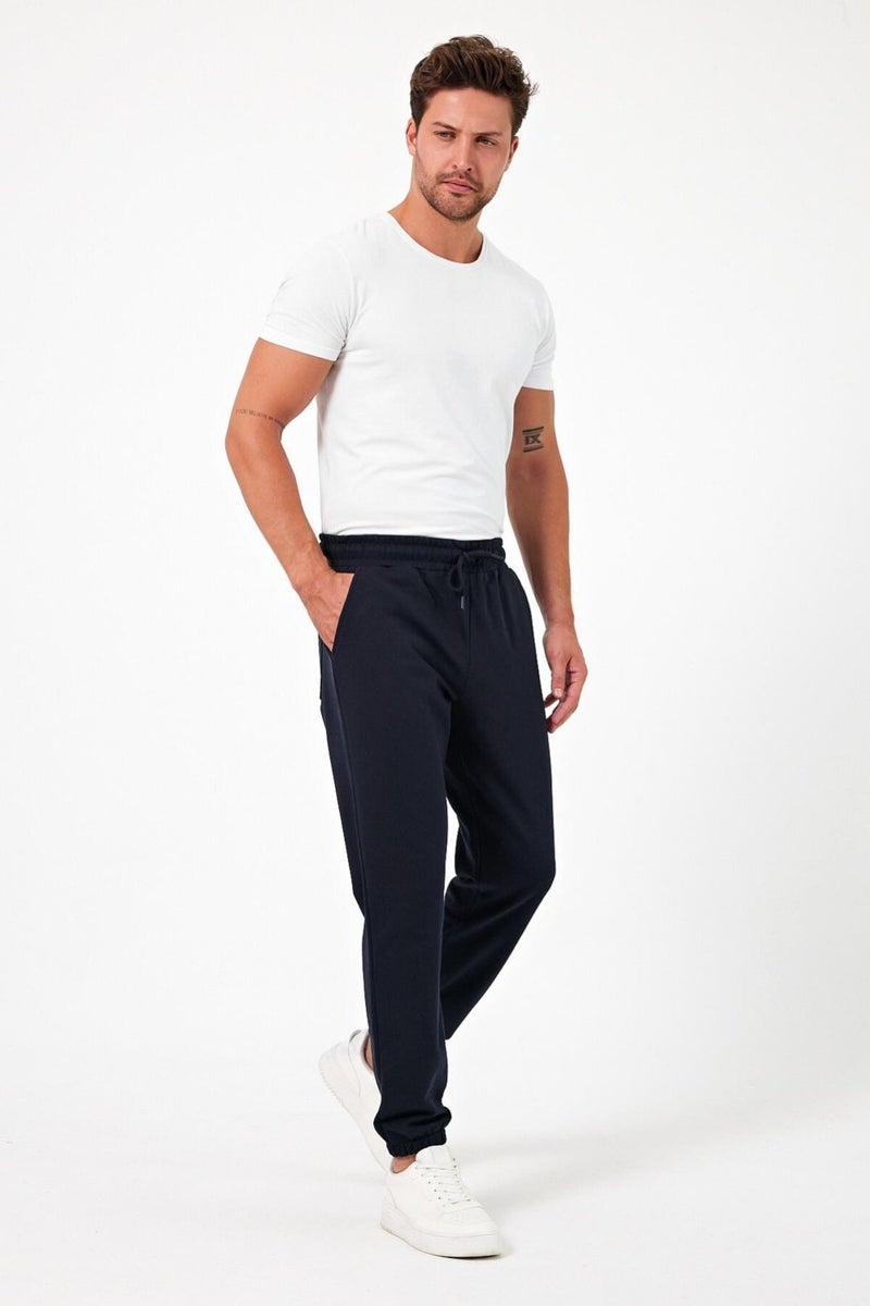 Thick Navy Blue Men's Sweatpants Jogger Back Pocket Elastic Leg Regular Fit Non-raised