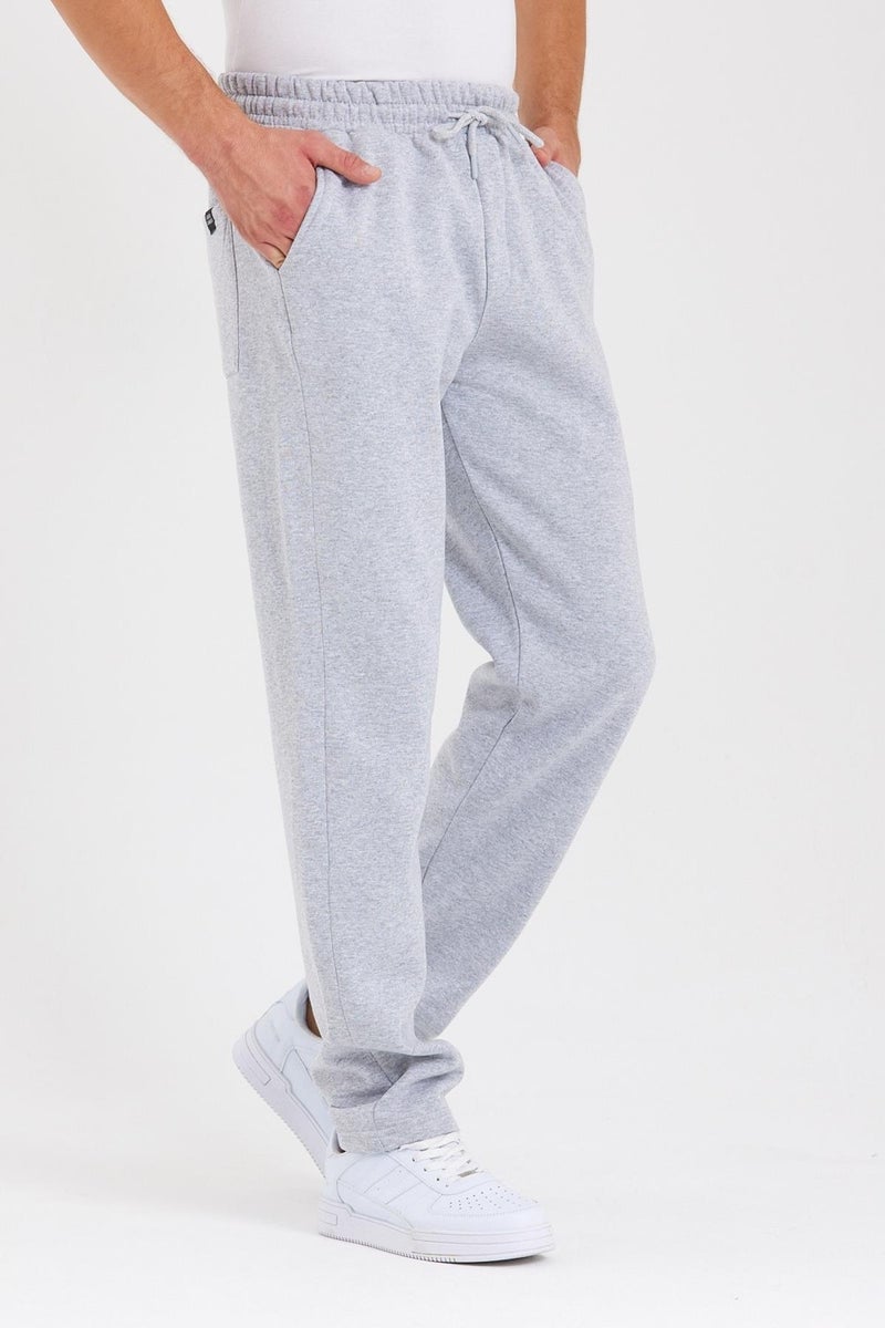 Gray Back Pocket Label Detailed Straight Leg Men's Cotton Sweatpants