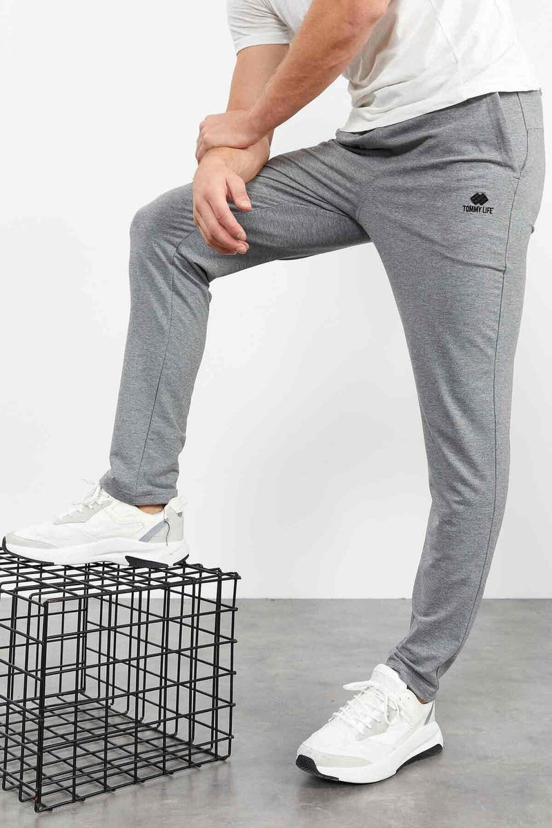 Gray Melange Men's Lace Up Zipper Pocket Standard Fit Classic Leg Tracksuit Bottom-84682