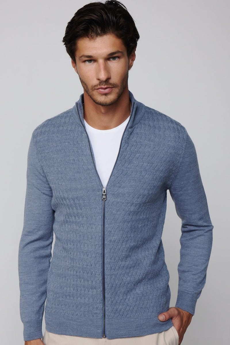 Slim Fit Patterned Stand Collar Zippered Indigo Men's Cardigan