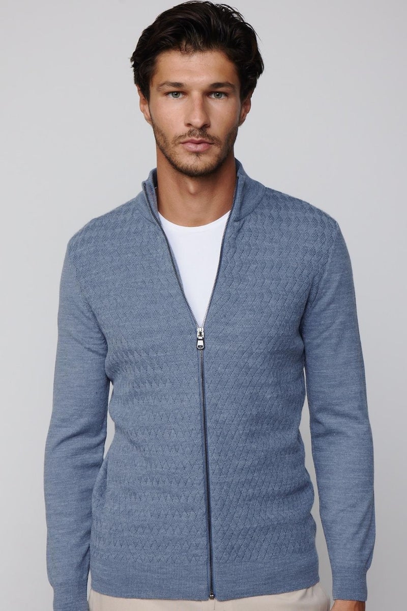 Slim Fit Patterned Stand Collar Zippered Indigo Men's Cardigan