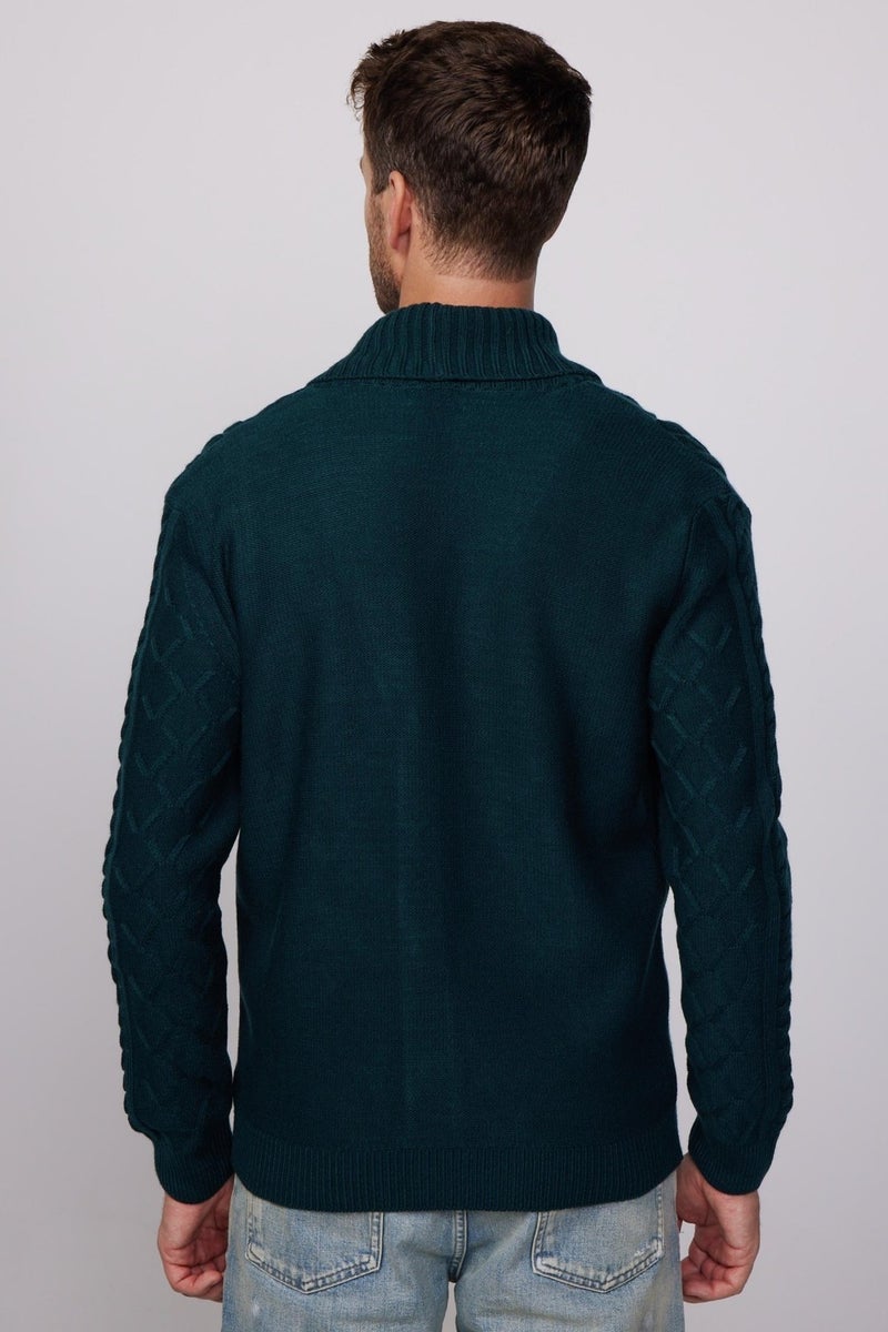 Slim Fit Slim Cut Patterned Soft Texture Buttoned Green Men's Cardigan