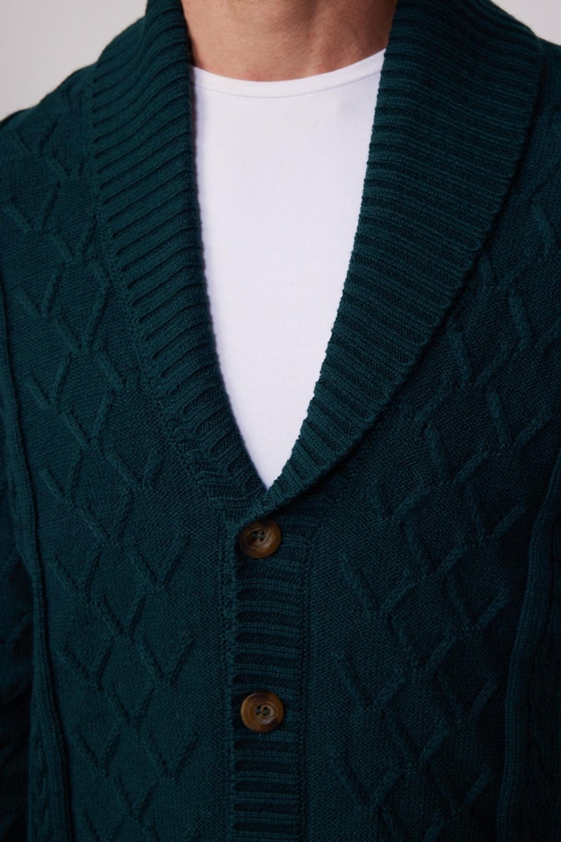 Slim Fit Slim Cut Patterned Soft Texture Buttoned Green Men's Cardigan