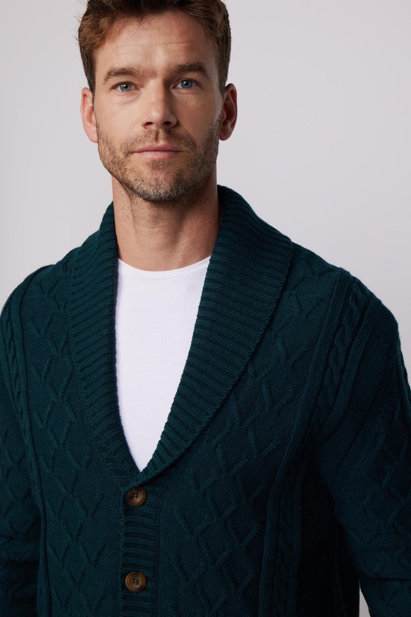 Slim Fit Slim Cut Patterned Soft Texture Buttoned Green Men's Cardigan