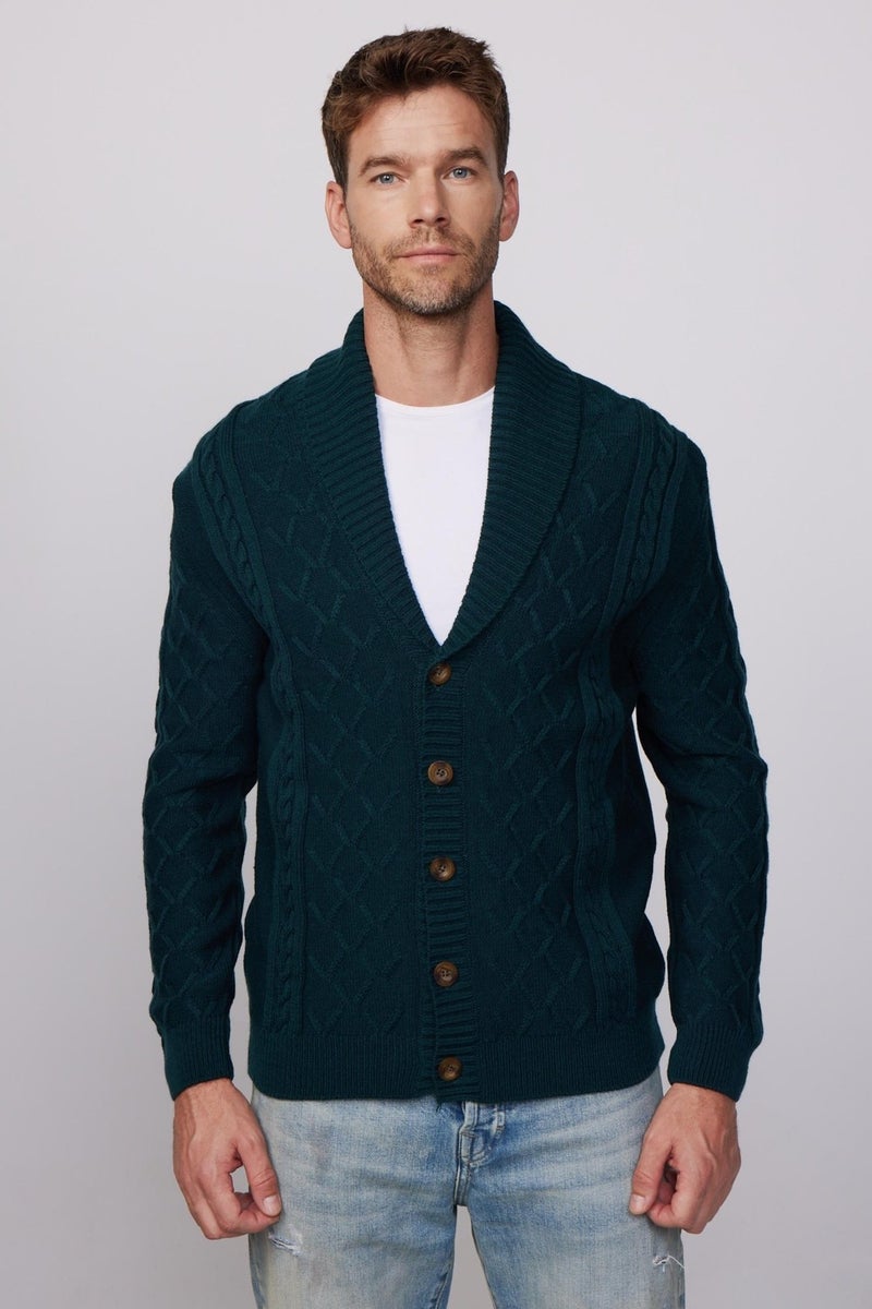 Slim Fit Slim Cut Patterned Soft Texture Buttoned Green Men's Cardigan