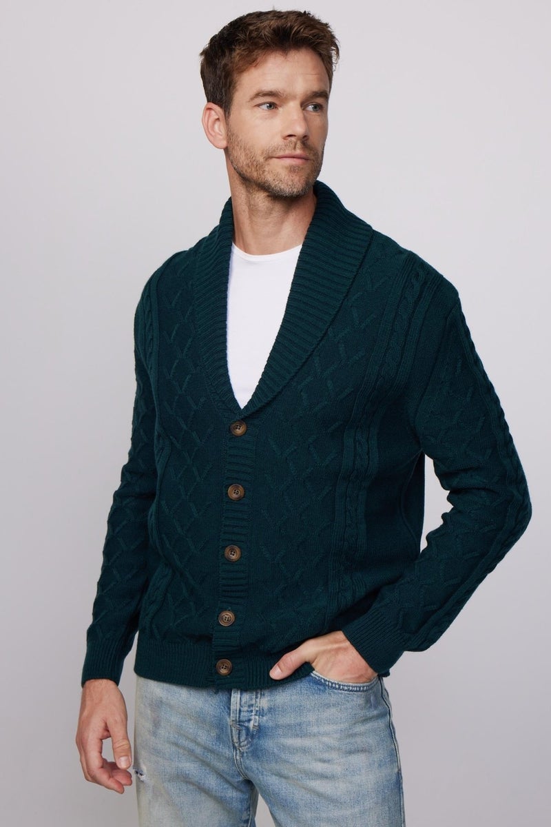 Slim Fit Slim Cut Patterned Soft Texture Buttoned Green Men's Cardigan