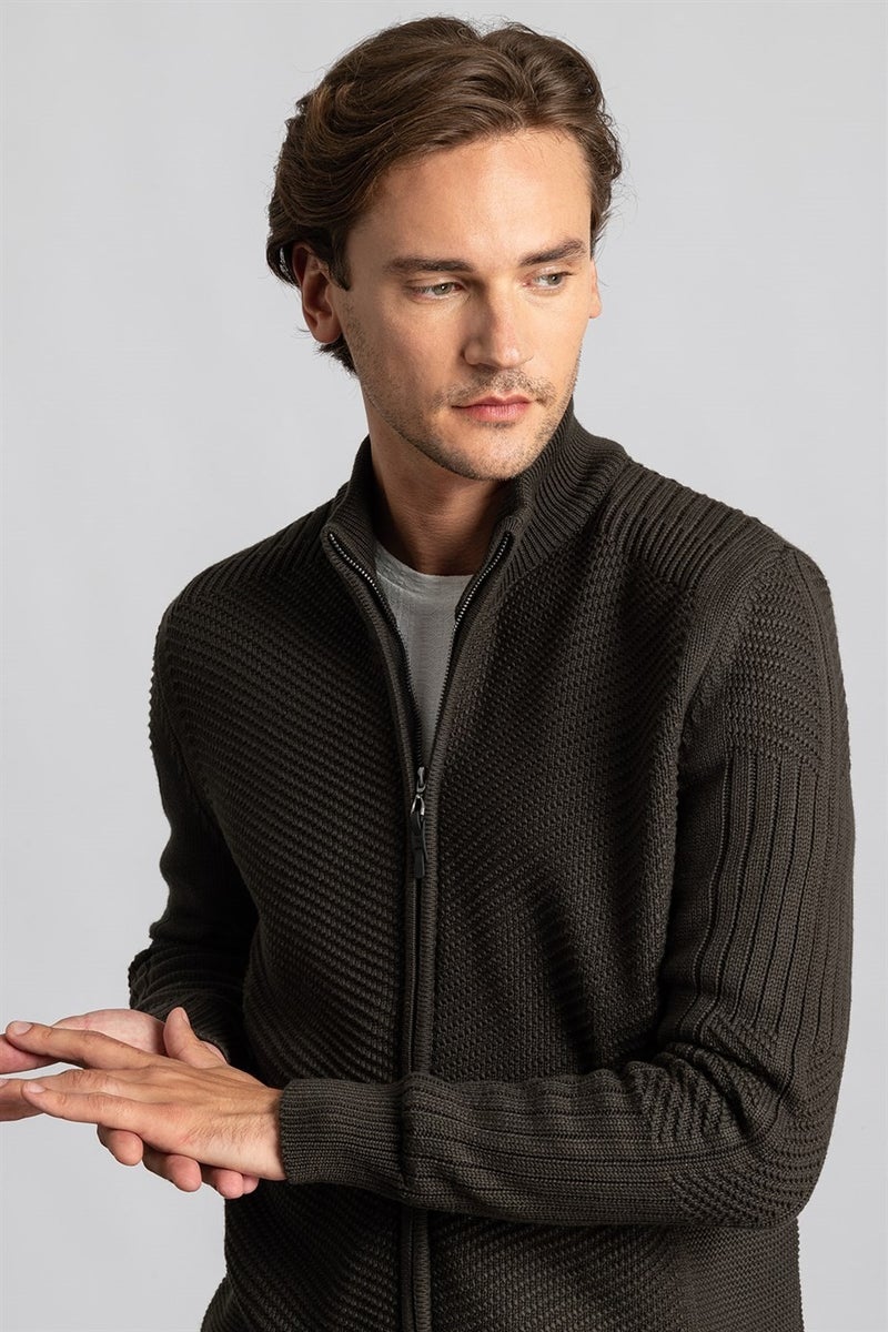 Slim Fit Narrow Cut, Self-Patterned Men's Cardigan