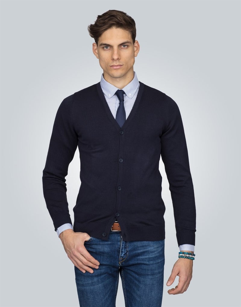 V-Neck Navy Blue Basic Cotton Men's Cardigan