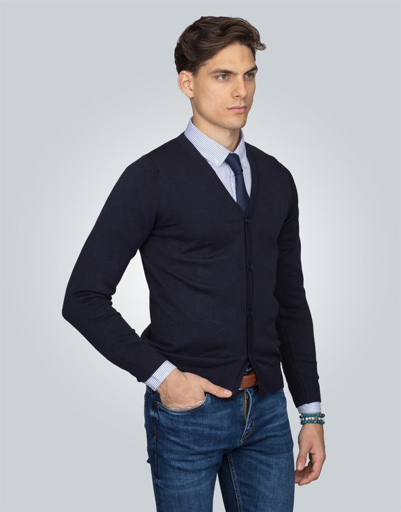 V-Neck Navy Blue Basic Cotton Men's Cardigan