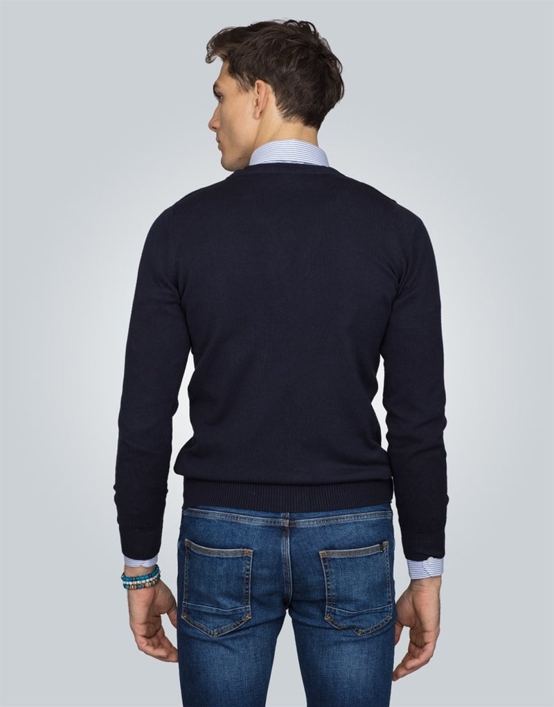 V-Neck Navy Blue Basic Cotton Men's Cardigan