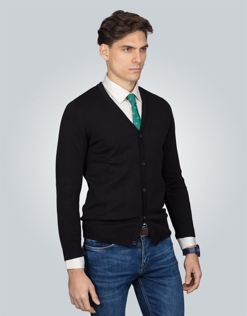 V-Neck Black Basic Cotton Men's Cardigan