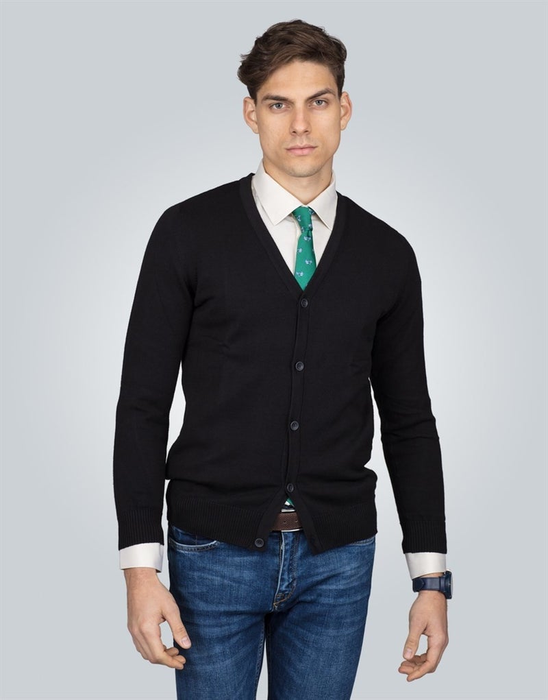 V-Neck Black Basic Cotton Men's Cardigan