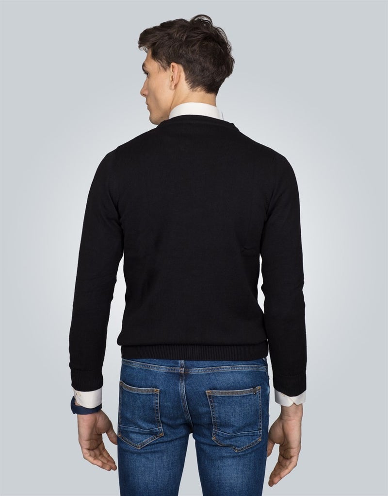 V-Neck Black Basic Cotton Men's Cardigan